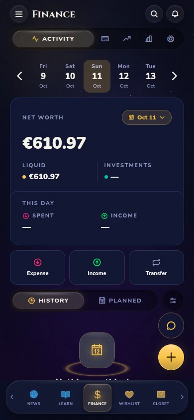 The Finance screen with net worth, today's spending and quick actions.