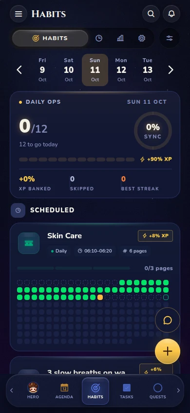 The Habits screen: today's progress, a chain of habits to finish and a glowing history for each habit.