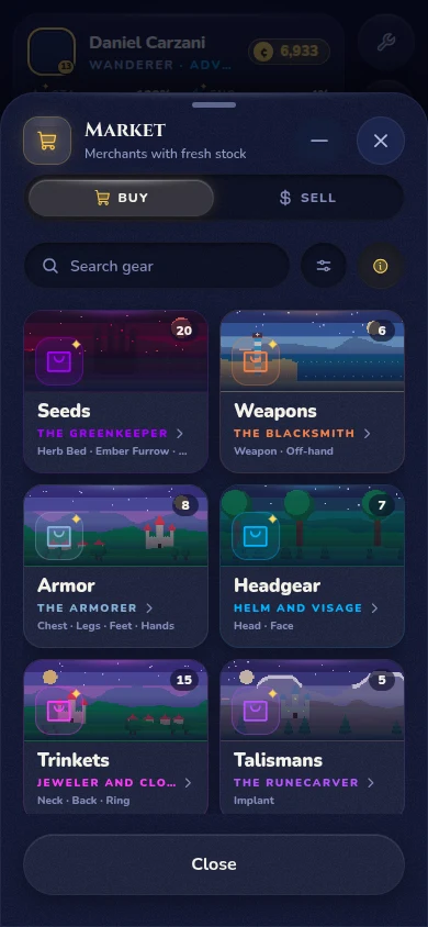 The market with merchants for weapons, armor, potions and seeds.