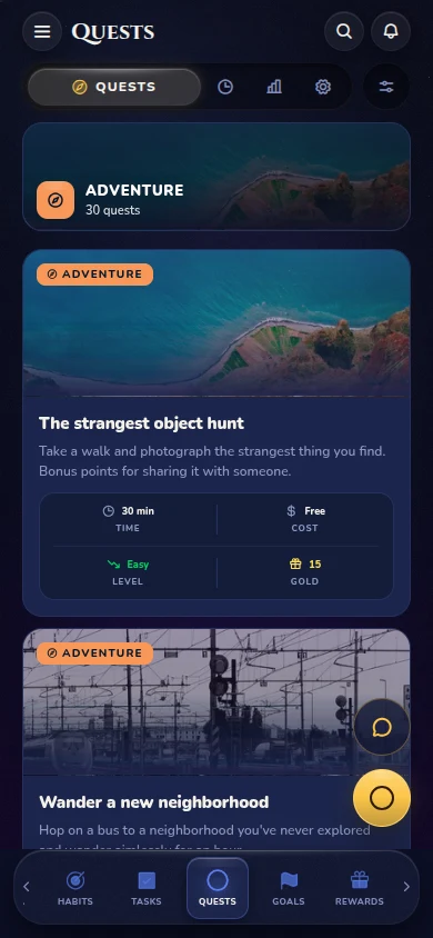 Daily quests: small real-world adventures with time, cost and reward.
